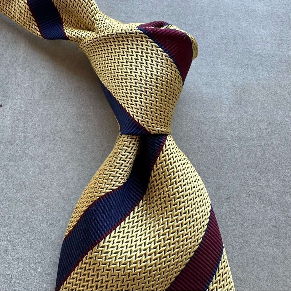 Drakes for Paul Stuart Gold, Navy, and Burgundy Striped Tie